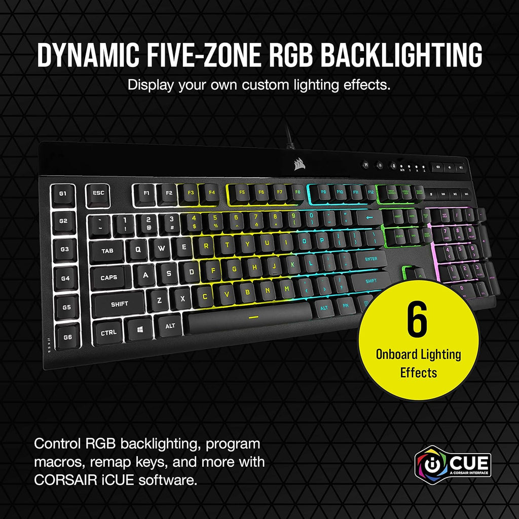 K55 RGB PRO - Dynamic RGB Backlighting - Six Macro Keys with Elgato Stream Deck Software Integration - IP42 Dust and Spill Resistant - Detachable Palm Rest - Dedicated Media and Volume Keys