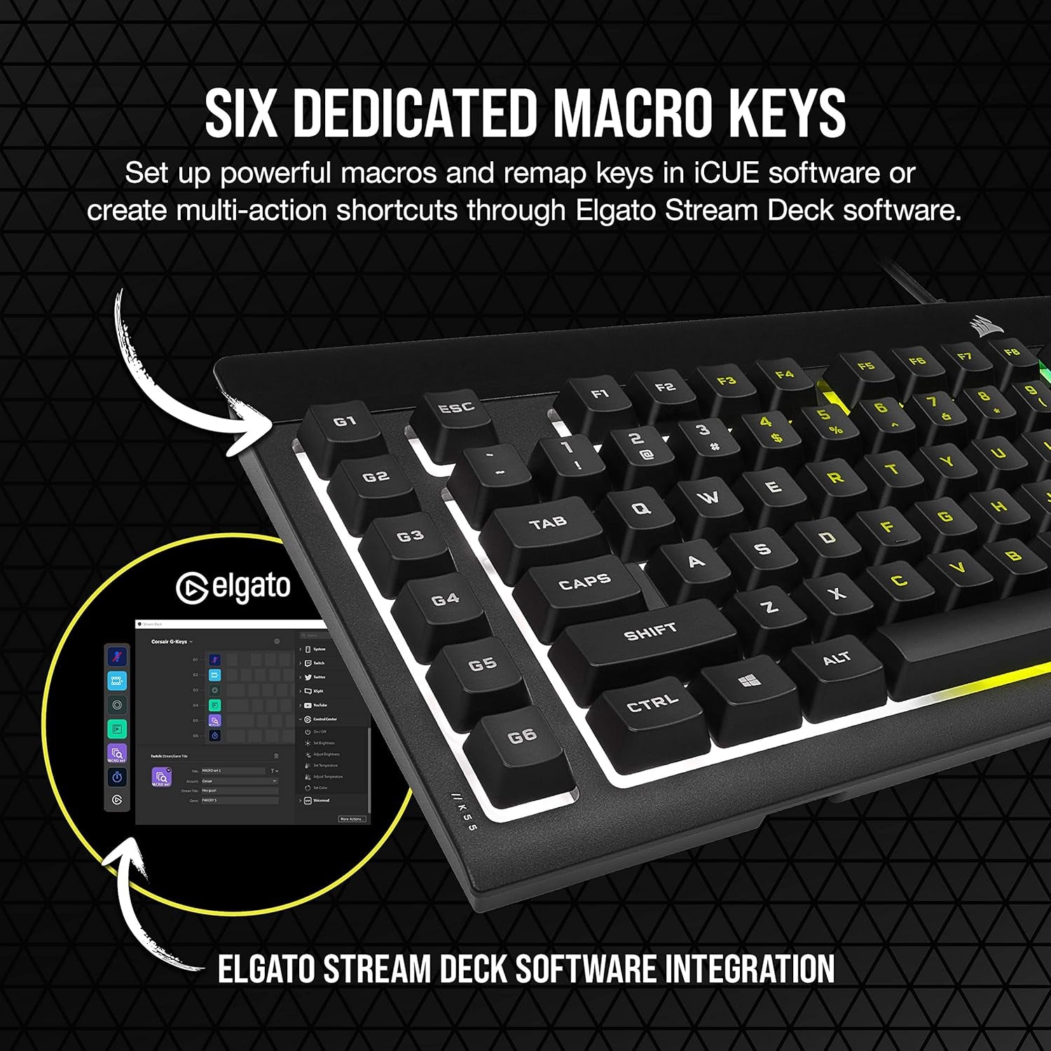 K55 RGB PRO - Dynamic RGB Backlighting - Six Macro Keys with Elgato Stream Deck Software Integration - IP42 Dust and Spill Resistant - Detachable Palm Rest - Dedicated Media and Volume Keys