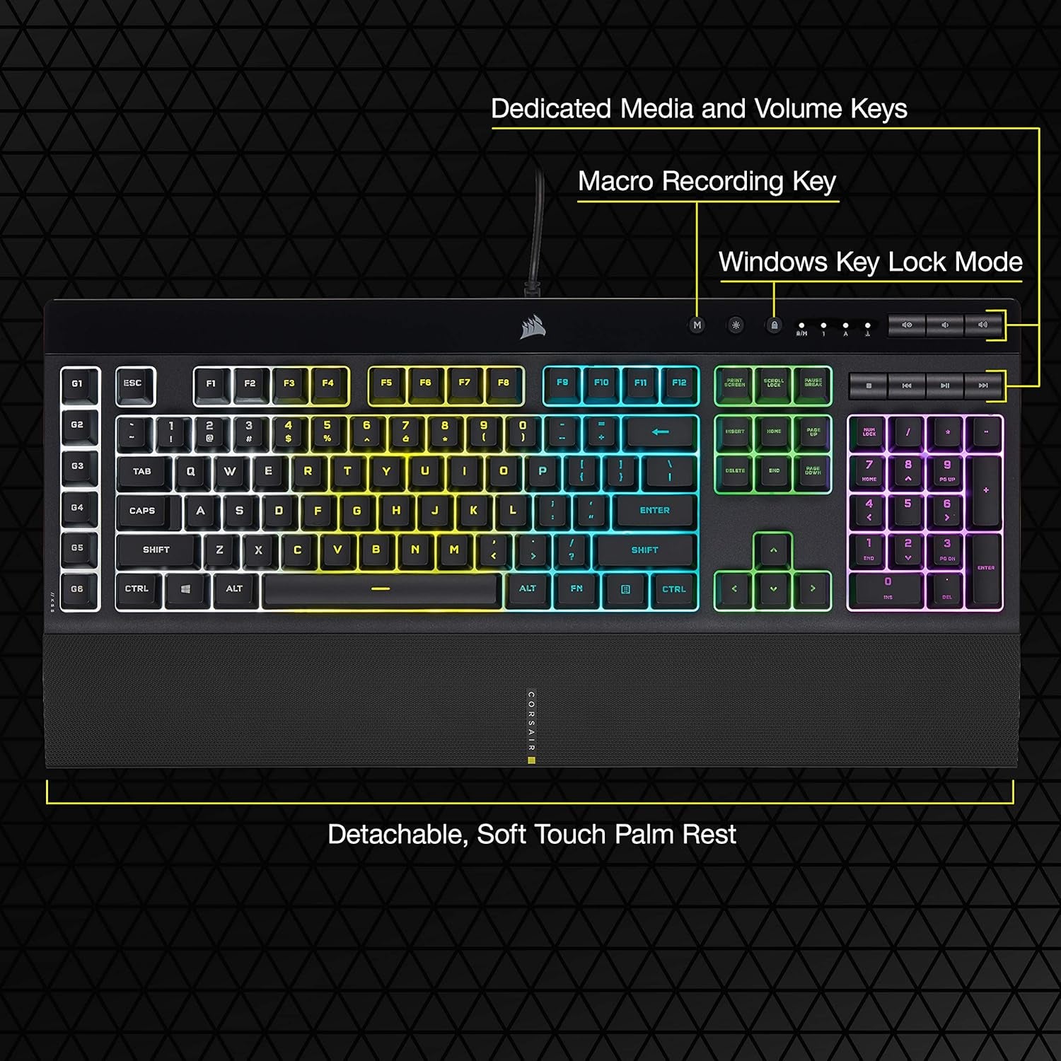 K55 RGB PRO - Dynamic RGB Backlighting - Six Macro Keys with Elgato Stream Deck Software Integration - IP42 Dust and Spill Resistant - Detachable Palm Rest - Dedicated Media and Volume Keys