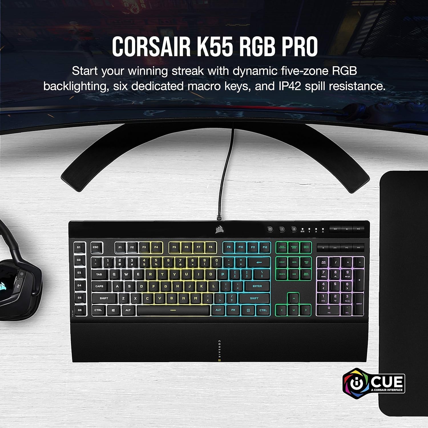 K55 RGB PRO - Dynamic RGB Backlighting - Six Macro Keys with Elgato Stream Deck Software Integration - IP42 Dust and Spill Resistant - Detachable Palm Rest - Dedicated Media and Volume Keys